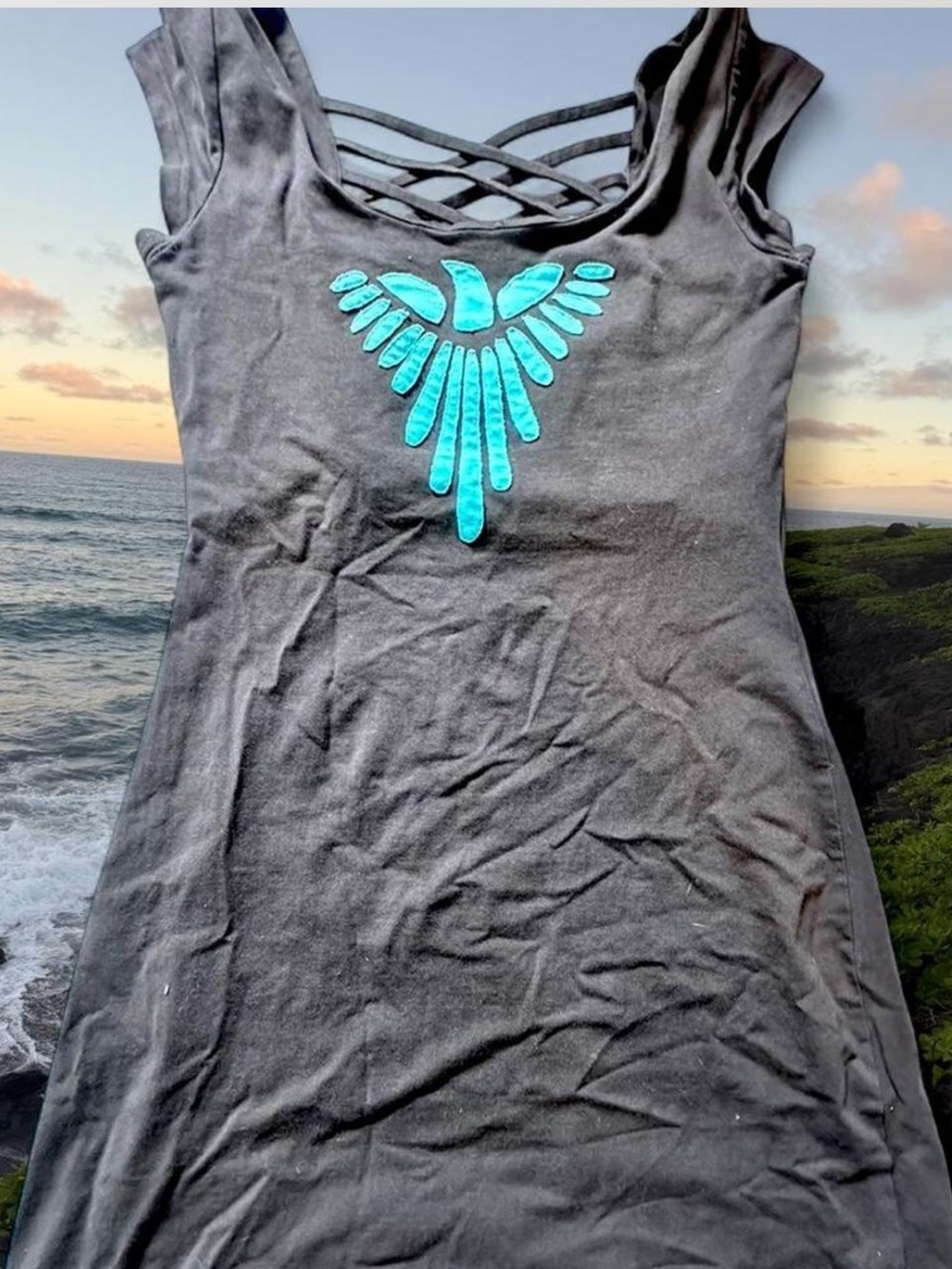 Sleeveless Synergy Black Women's Tank top dress Teal Embroidered Accent